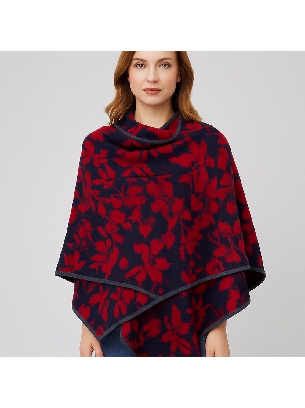 BCBGMAXAZRIA wrap scarf puncho red dark blue floral pattern 80% wool one size